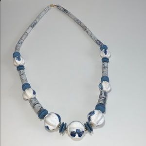 Chunky Ceramic Bead Necklace Stamped Japan 30” Blue White Grannycore